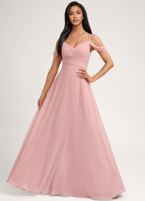 Robe Pastel Rose Décolleté Épaules Mousseline - gallery 1