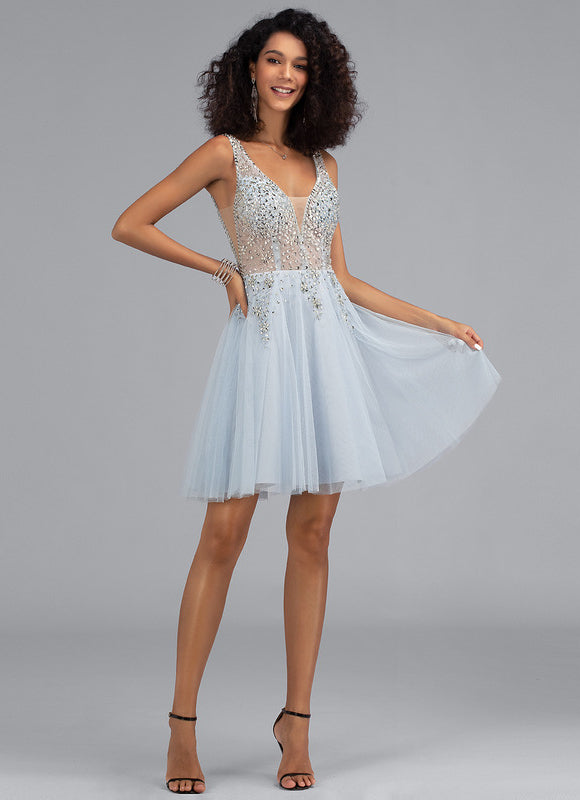 Robe Pastel Bleu Ciel Paillettes Et Tulle - gallery 4