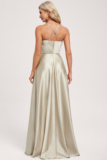 Robe Pastel Vert Satin Long Trapèze - gallery 4