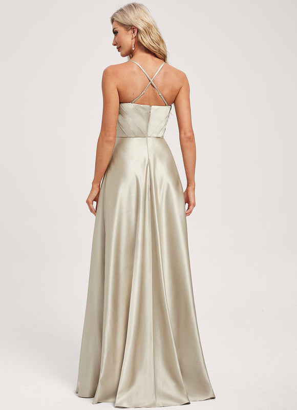 Robe Pastel Vert Satin Long Trapèze - gallery 4