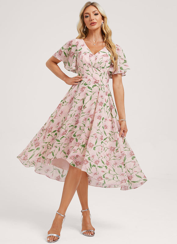 Robe Pastel Bleu Asymétrique Col V Volants