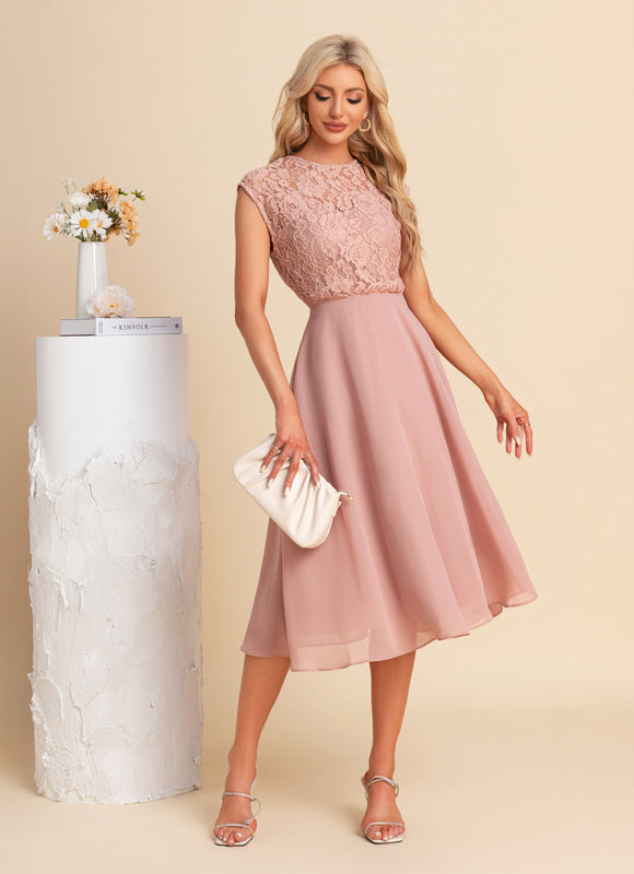 Robe Pastel Blush Dentelle Mousseline Midi - gallery 2