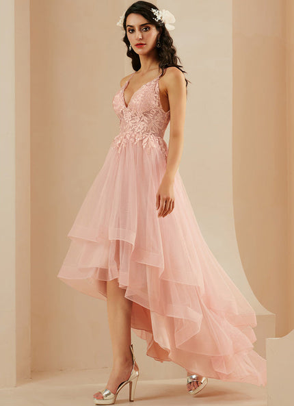 Robe Pastel Rose Col V Asymétrique Tulle