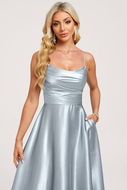 Robe Pastel Satin Bleu Ciel Trapèze - gallery 3