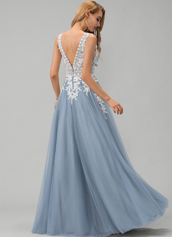 Robe Pastel Bleu Col V Tulle Longue - gallery 3