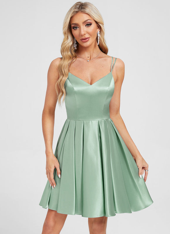 Robe Pastel Verte Satin Trapèze Avec Nœud - gallery 1