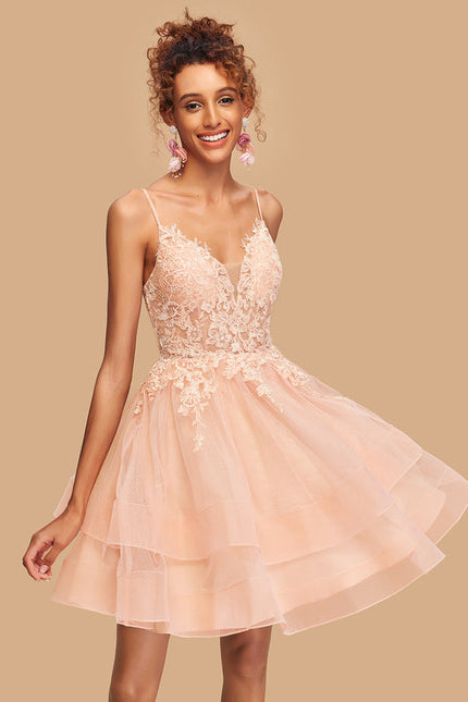 Robe Pastel Rose Col V Tulle Dentelle