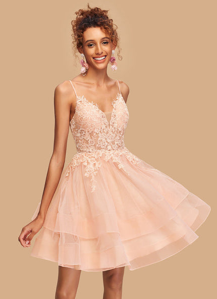 Robe Pastel Rose Col V Tulle Dentelle