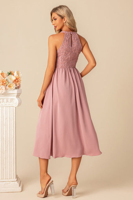 Robe Pastel Rose Dentelle Trapèze Midi - gallery 3