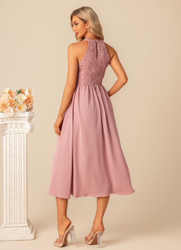 Robe Pastel Rose Dentelle Trapèze Midi - gallery 3