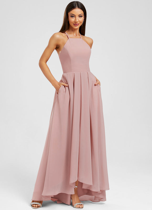 Robe Pastel Rose Mousseline Asymétrique Trapèze - gallery 2