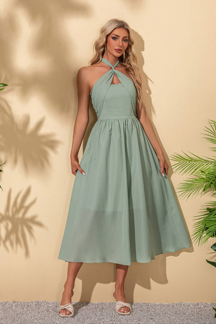 Robe Pastel Verte Trapèze Licou Midi - gallery 6
