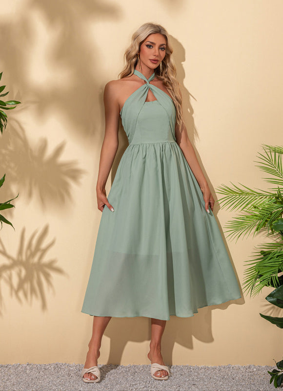 Robe Pastel Verte Trapèze Licou Midi - gallery 6