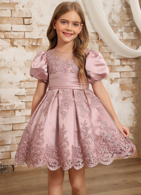 Robe Pastel Rose Satin Dentelle Fille Mariage - gallery 2