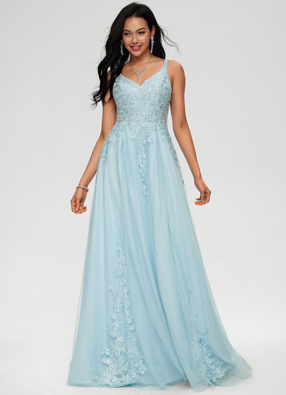 Robe Pastel Bleu Col V Tulle Paillettes