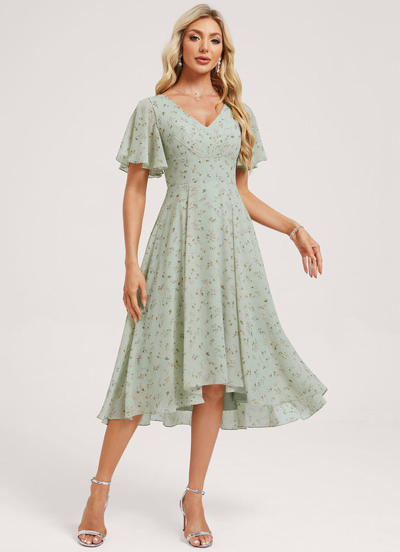 Robe Pastel Bleu Asymétrique Col V Volants - gallery 2