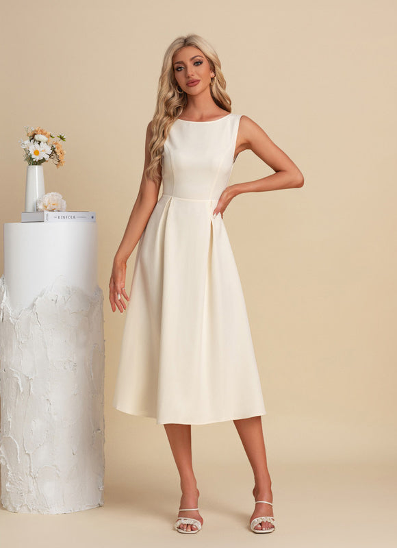 Robe Pastel Crème Col Bateau Midi - gallery 5