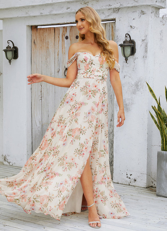 Robe Pastel Florale Décolletée Longue - gallery 1