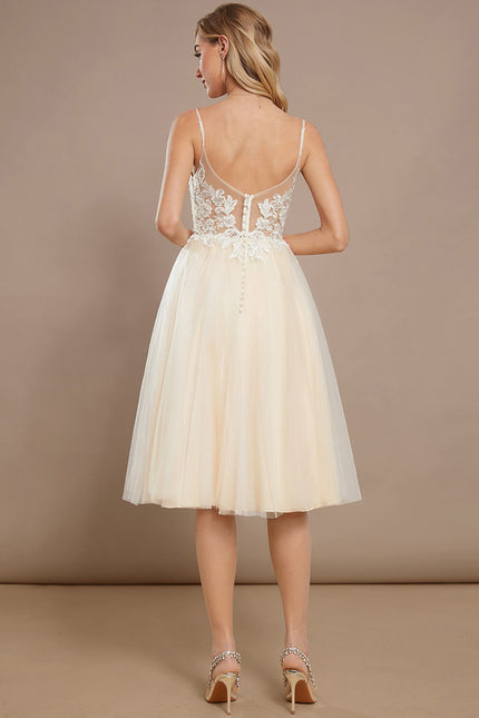 Robe Pastel Beige Trapèze Col V Genoux - gallery 4