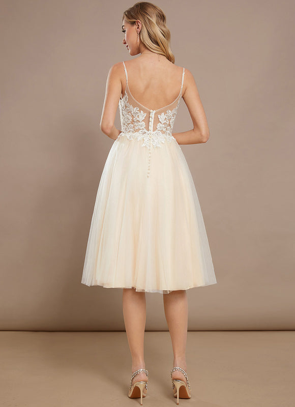 Robe Pastel Beige Trapèze Col V Genoux - gallery 4