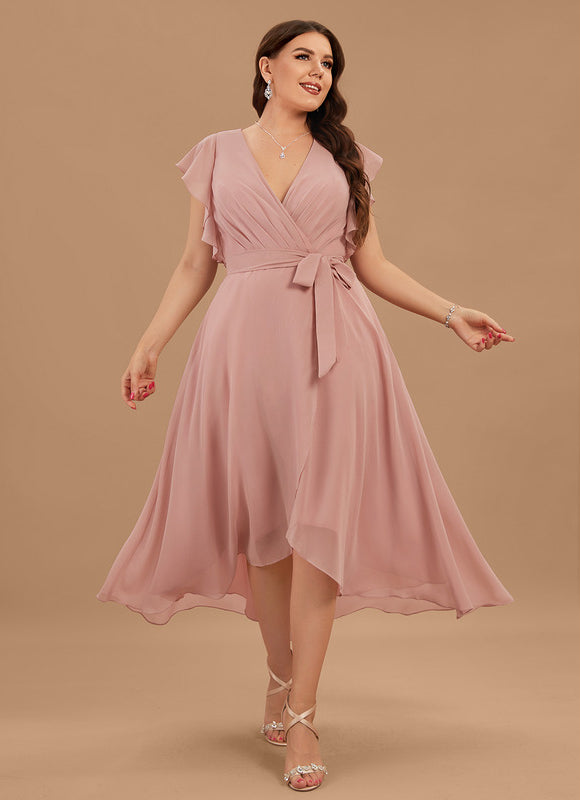 Robe Pastel Bleu Asymétrique Col V Volants - gallery 7