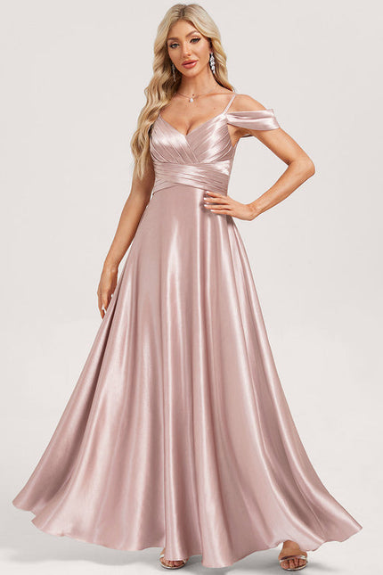 Robe Pastel Rose Décolleté Longue Satin - gallery 2