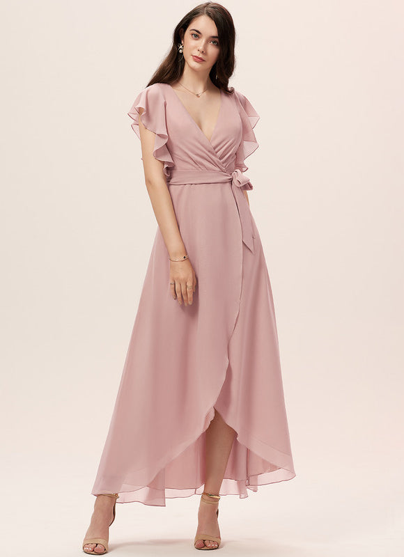 Robe Pastel Bleu Asymétrique Col V Volants - gallery 3