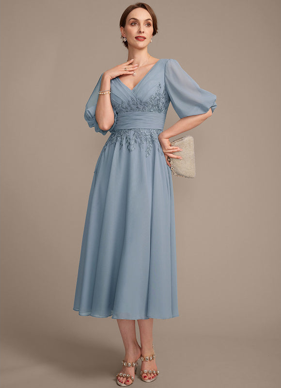 Robe Pastel Bleu Col V Longueur Mollet - gallery 2