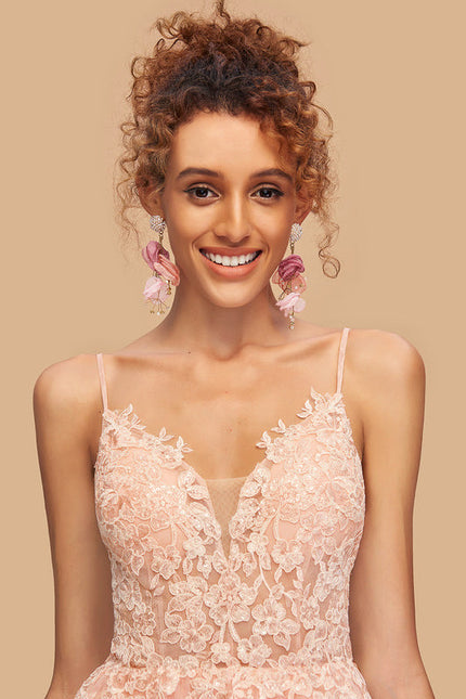 Robe Pastel Rose Col V Tulle Dentelle - gallery 4
