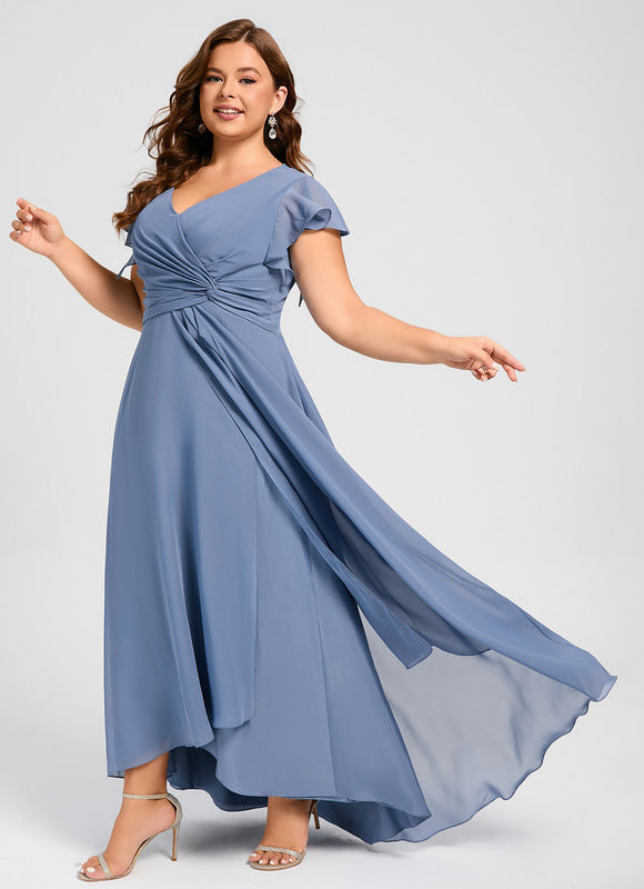 Robe Pastel Bleu Asymétrique Col V Volants - gallery 6