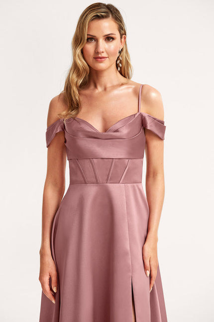 Robe Pastel Rose Décolleté Épaules Satin - gallery 3