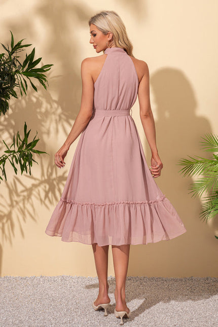 Robe Pastel Rose Mousseline Midi Volants - gallery 1