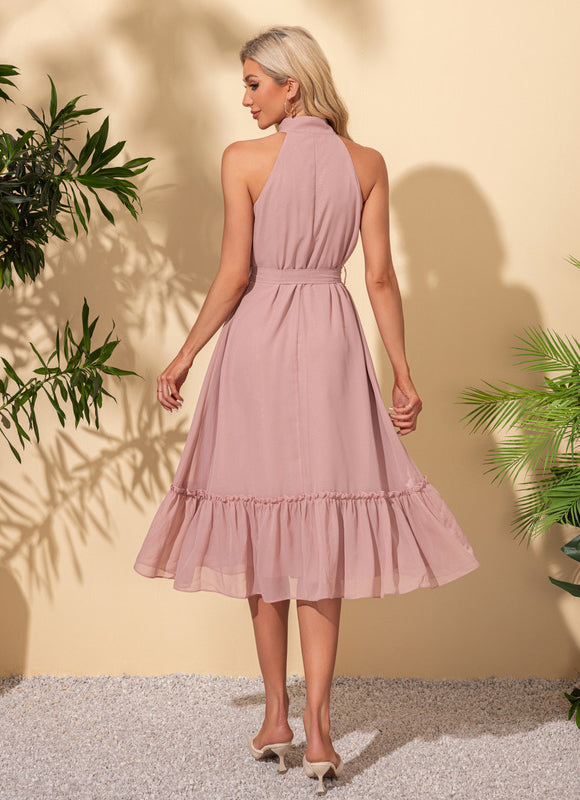 Robe Pastel Rose Mousseline Midi Volants - gallery 1