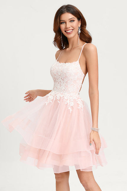 Robe Pastel Rose Col Rond Tulle Prom - gallery 3
