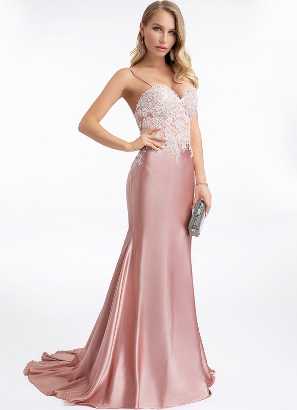 Robe Pastel Rose Sirène Dentelle Satin - gallery 2