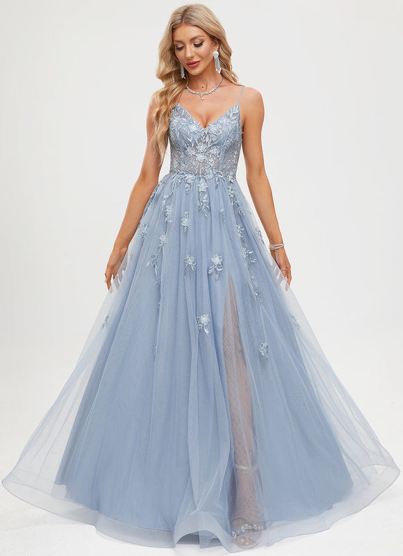Robe Pastel Bleu Col V Tulle Longue - gallery 3