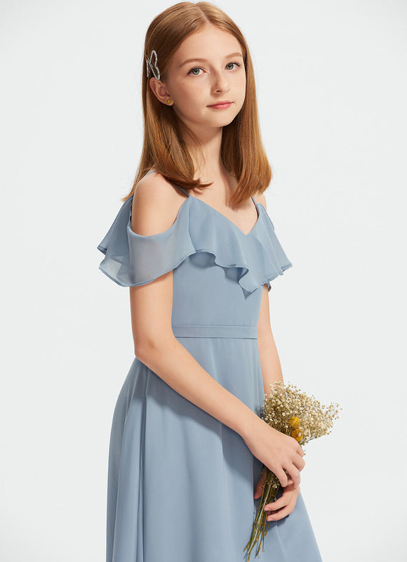 Robe Pastel Bleu Décolleté Épaules Ras Du Sol