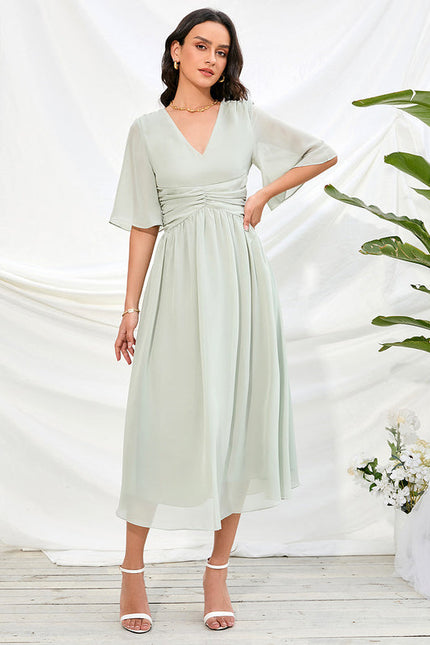 Robe Pastel Rose Col V Trapèze Midi - gallery 5