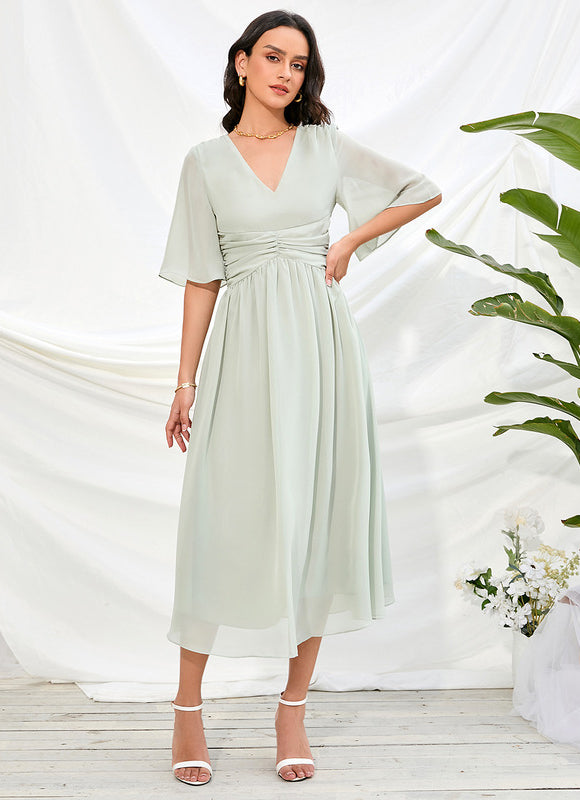 Robe Pastel Rose Col V Trapèze Midi - gallery 5