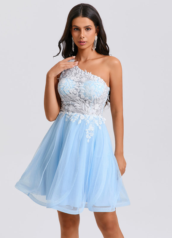 Robe Pastel Bleu Décolleté Asymétrique Tulle - gallery 1