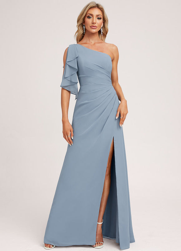 Robe Pastel Bleu Décolleté Asymétrique Longue