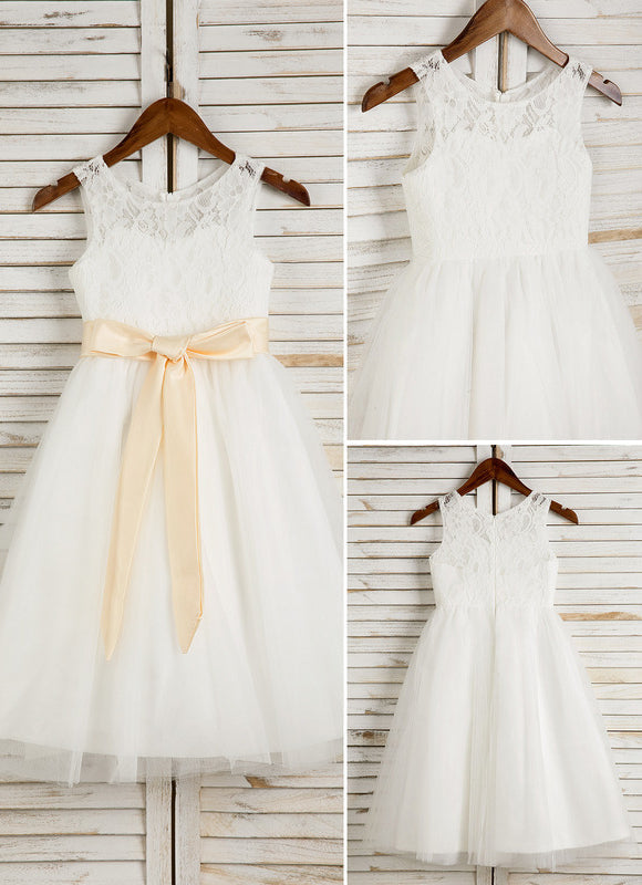 Robe Pastel Blanche Fille Mariage Col Rond - gallery 1
