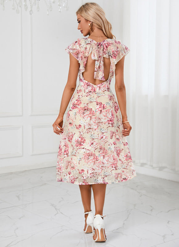 Robe Pastel Fleurie Crème Midi - gallery 1