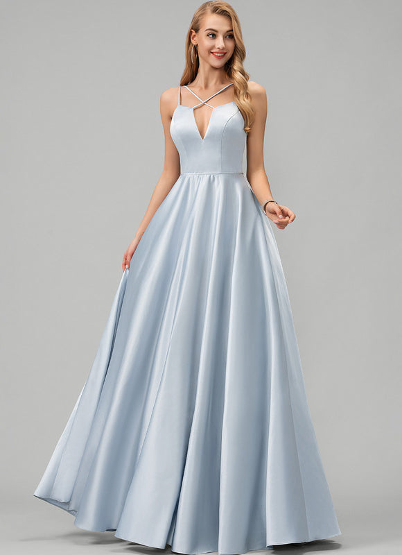 Robe Pastel Bleue Satin Trapèze Col V