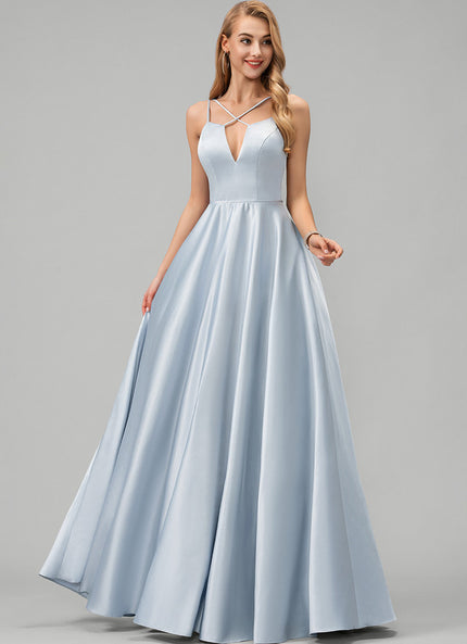 Robe Pastel Bleue Satin Trapèze Col V