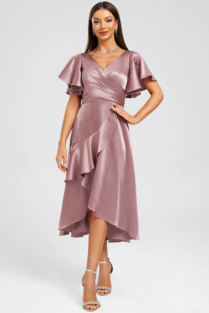 Robe Pastel Rose Satinée À Volants - gallery 3