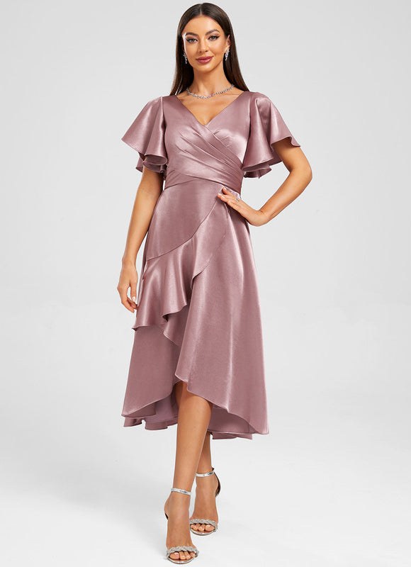 Robe Pastel Rose Satinée À Volants - gallery 3