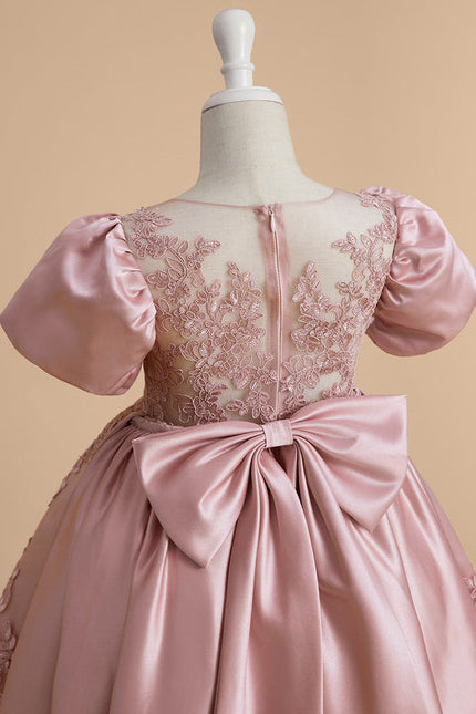 Robe Pastel Rose Satin Dentelle Fille Mariage - gallery 9