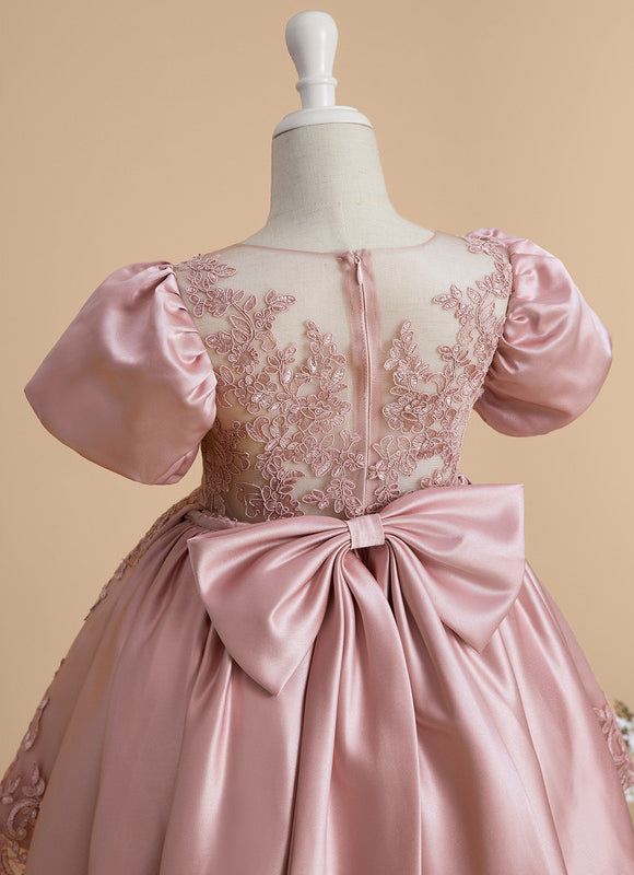 Robe Pastel Rose Satin Dentelle Fille Mariage - gallery 9