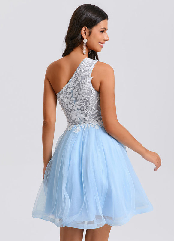 Robe Pastel Bleu Décolleté Asymétrique Tulle - gallery 4